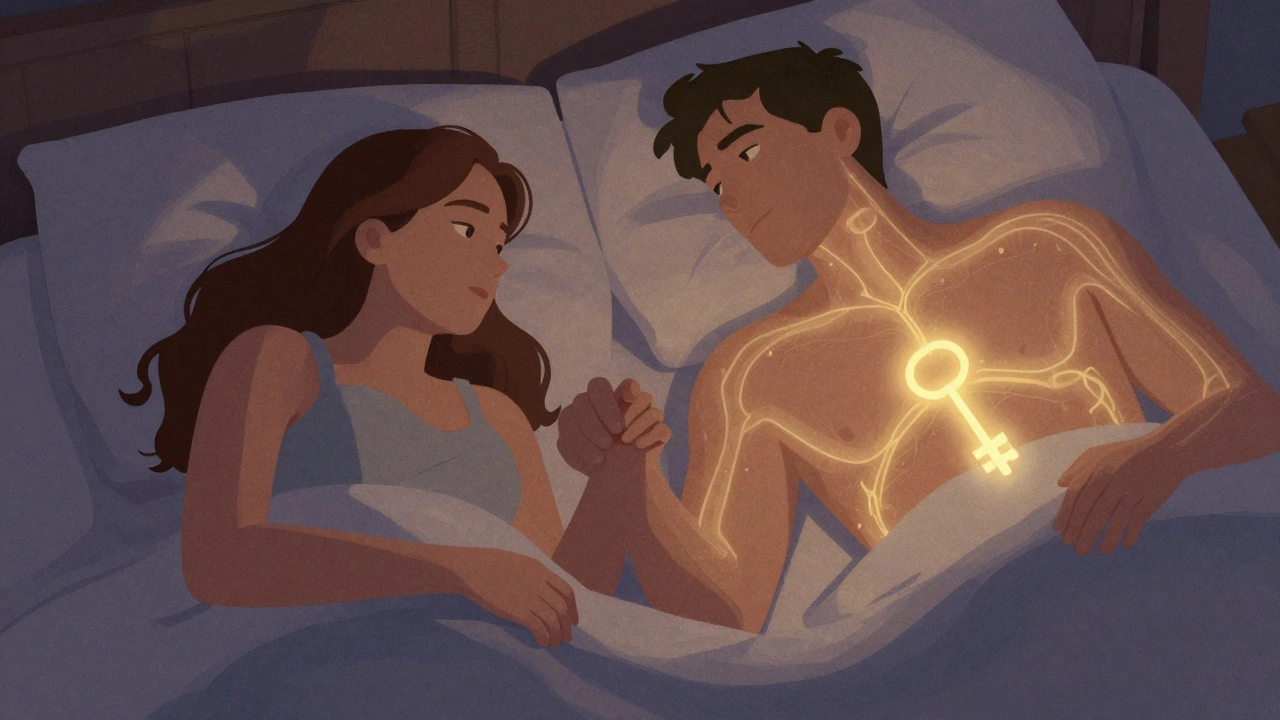 A couple holding hands in bed with a soft golden glow symbolizing healthy blood flow.
