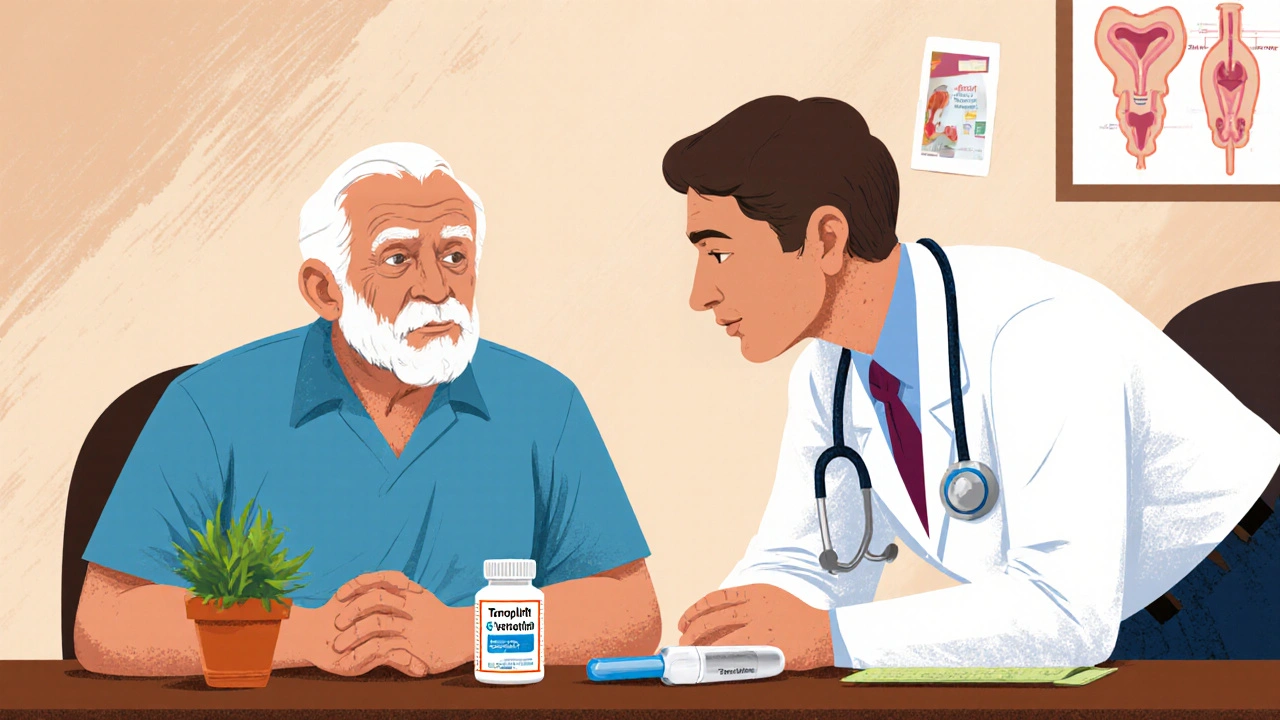 A man speaks with his doctor about mood changes, with tamsulosin and alternative treatments visible on the desk.