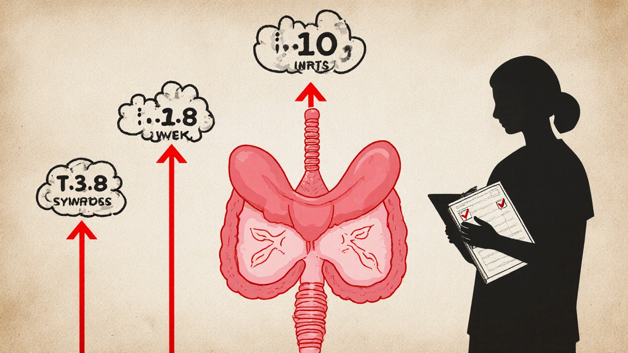 A medical chart showing TSH levels over time with a thyroid gland changing from healthy to swollen, beside a patient tracking symptoms.