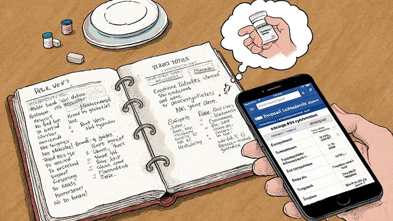 A medication diary with handwritten notes and a smartphone displaying an FDA excipient comparison database.