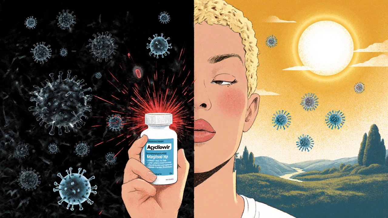 A person taking acyclovir at the first sign of a cold sore, with contrasting before-and-after scenes.