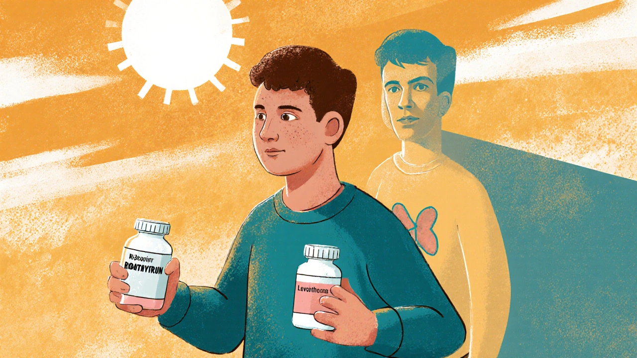 A person walking forward holding both ribavirin and thyroid medication, leaving behind a tired version of themselves toward a healthier future.