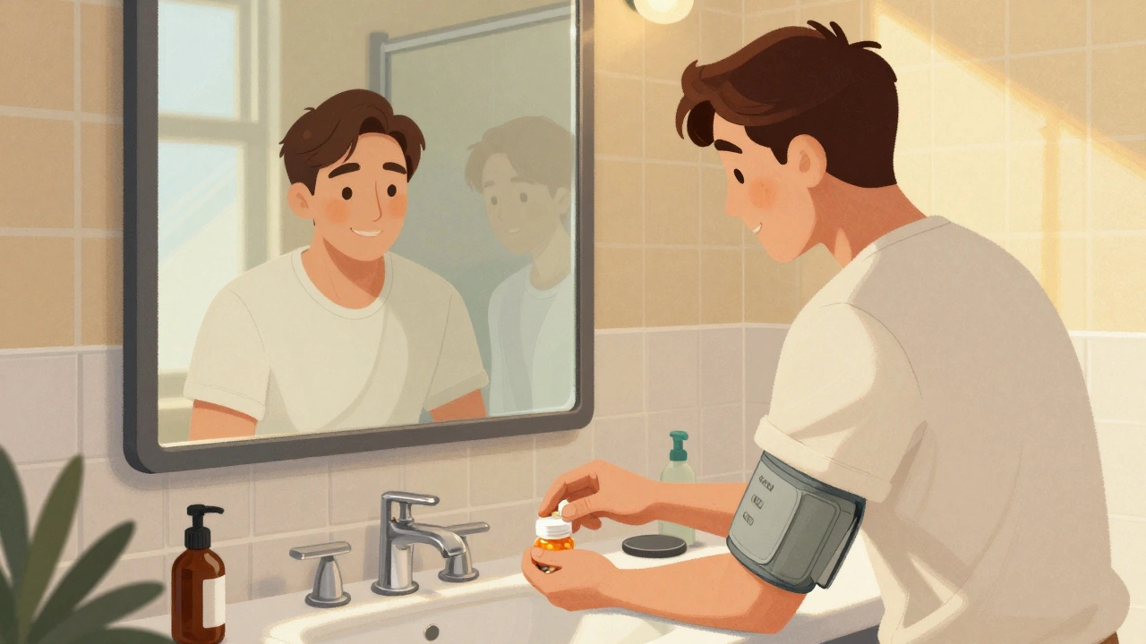 A pill bottle placed beside daily medications on a bathroom counter, lit by morning sun.