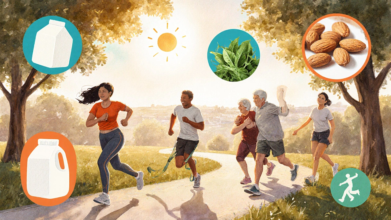 Adults exercising outdoors with calcium foods and sunlight.