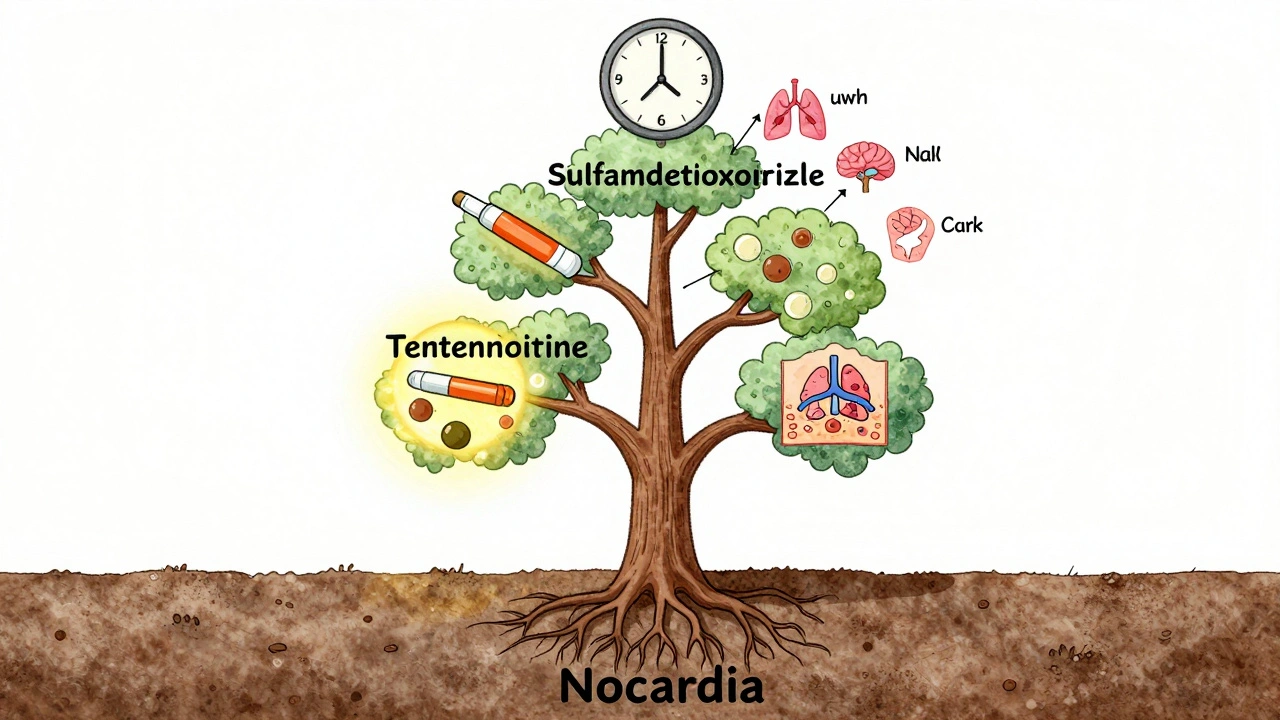 An antibiotic tree showing tetracycline as a vital branch supporting recovery from nocardiosis.