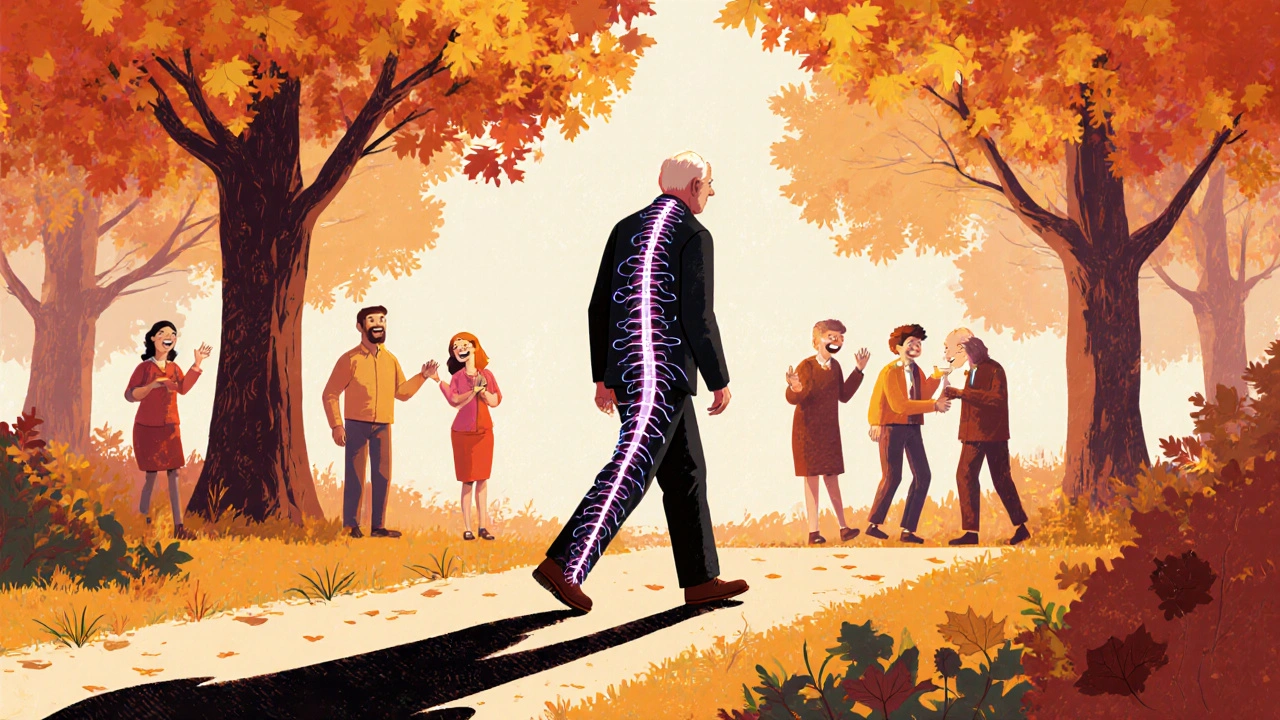 An elderly man walks through a park, emotionally isolated amid laughing people, his shadow stretching thin with faint neural lines.