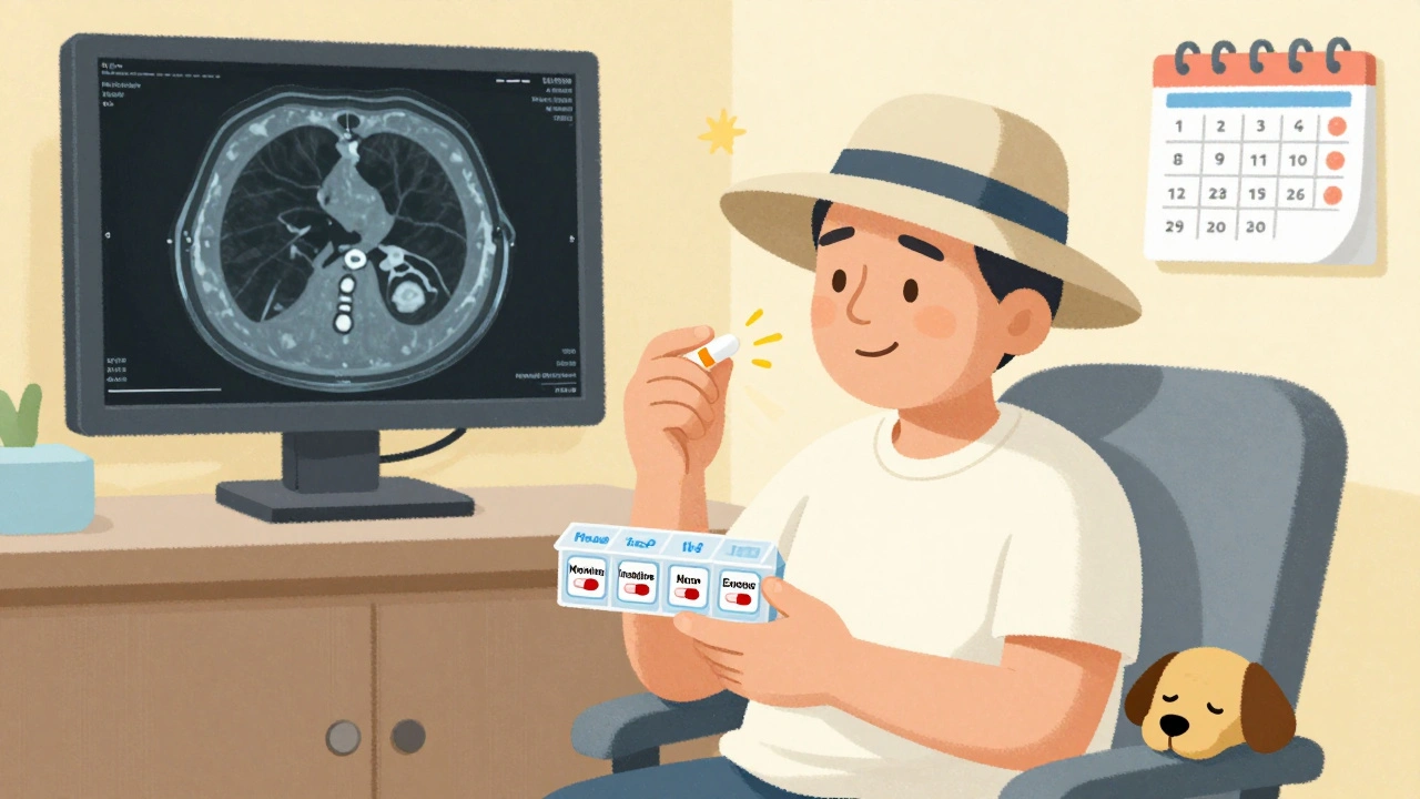 An immunocompromised patient taking tetracycline with sunscreen and a shrinking lung scan visible.