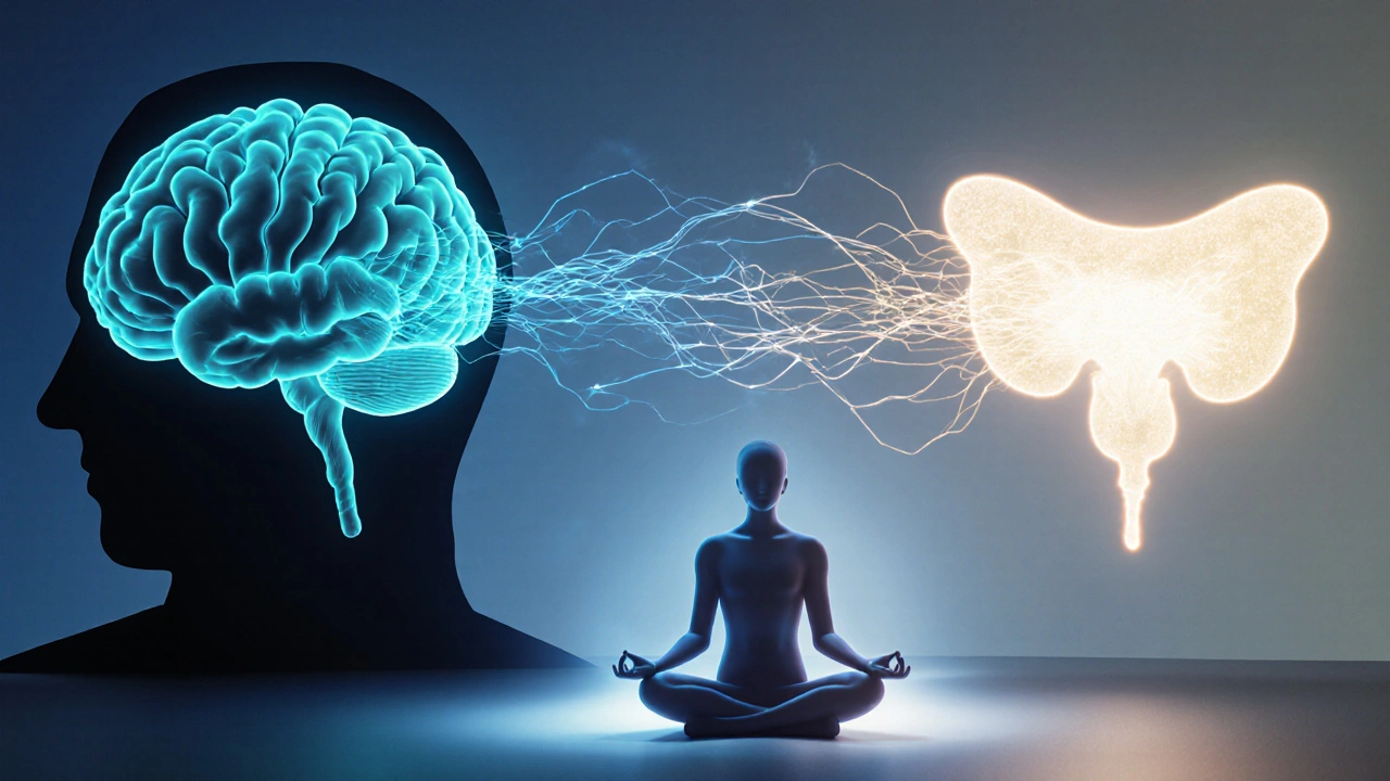Artistic depiction of brain and bladder linked by relaxed nervous system pathways.