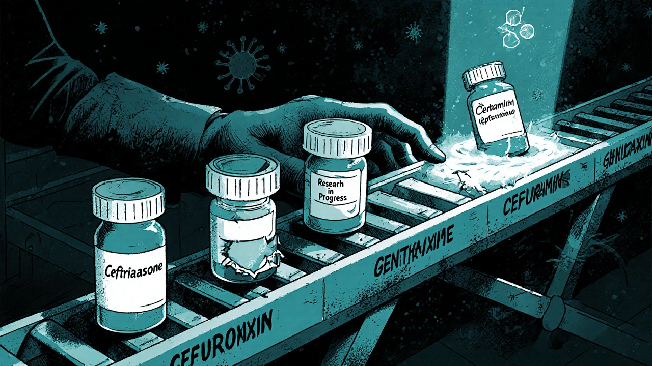 Broken antibiotic pipeline with only two vials left, others cracked and empty.