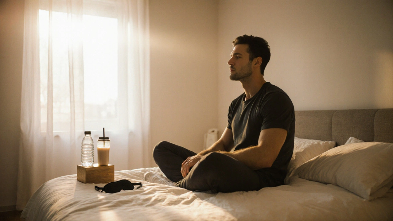 Calm sunrise bedroom with a relaxed man, water bottle, and recovery items suggesting a balanced routine.