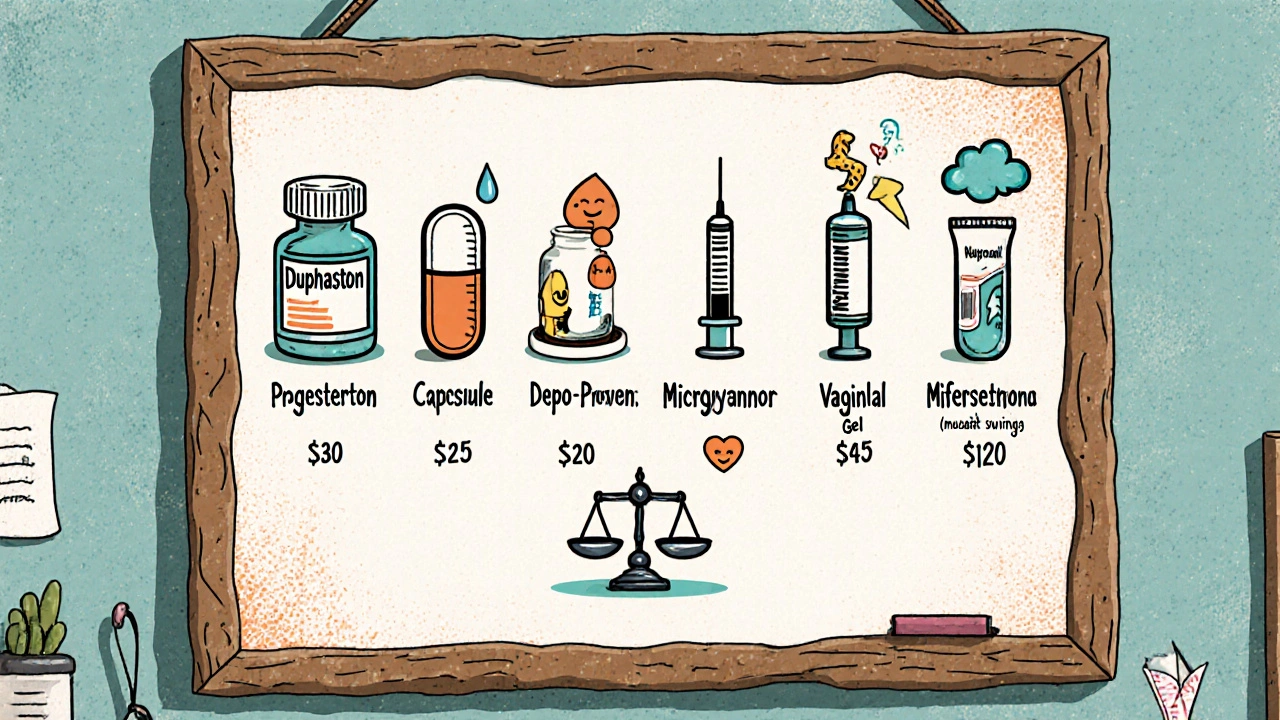 Cartoon icons of six progesterone meds with cost tags and side‑effect emojis.
