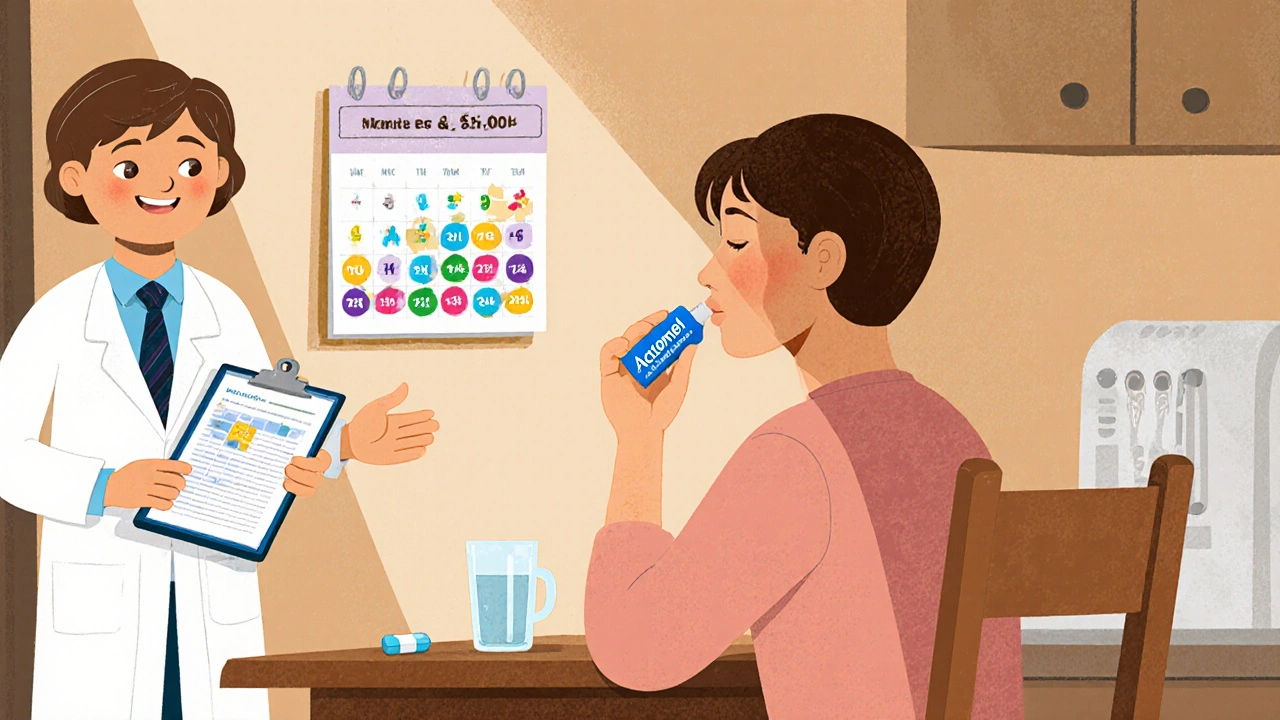 Cartoon textured illustration of a person choosing a treatment, looking at a calendar, an upright posture after a pill, and a doctor’s consultation.