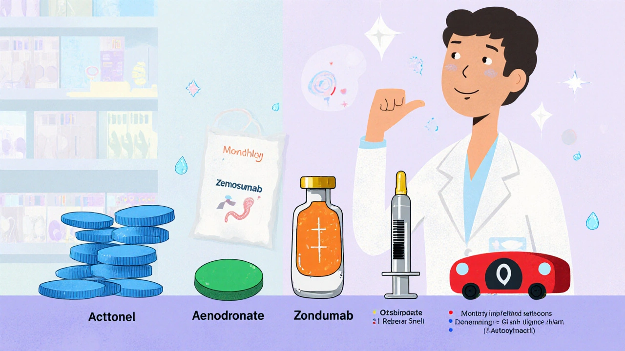 Cartoon textured scene of pills, syringes, and IV bags on a pharmacy shelf, each hinting at efficacy and side effects.