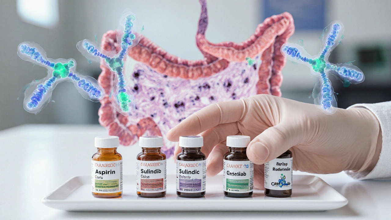 Close‑up of medication bottles beside colon tissue with molecular diagrams.