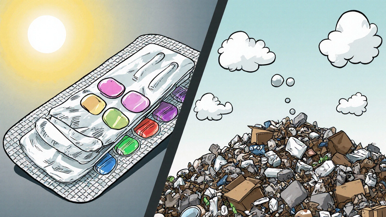 Cross‑section of test strip layers next to landfill pile of mixed waste and CO₂ clouds.