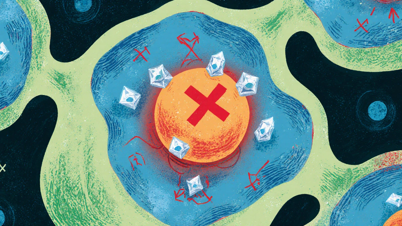 Cross‑section of thyroid follicle showing lithium blocking iodination and trapped hormones.