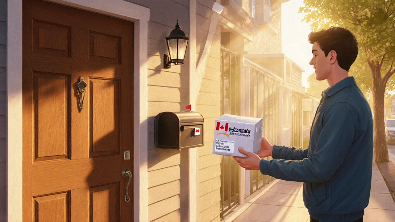 Delivery person hands a pharmacy parcel to a resident at a Halifax doorstep in morning light.
