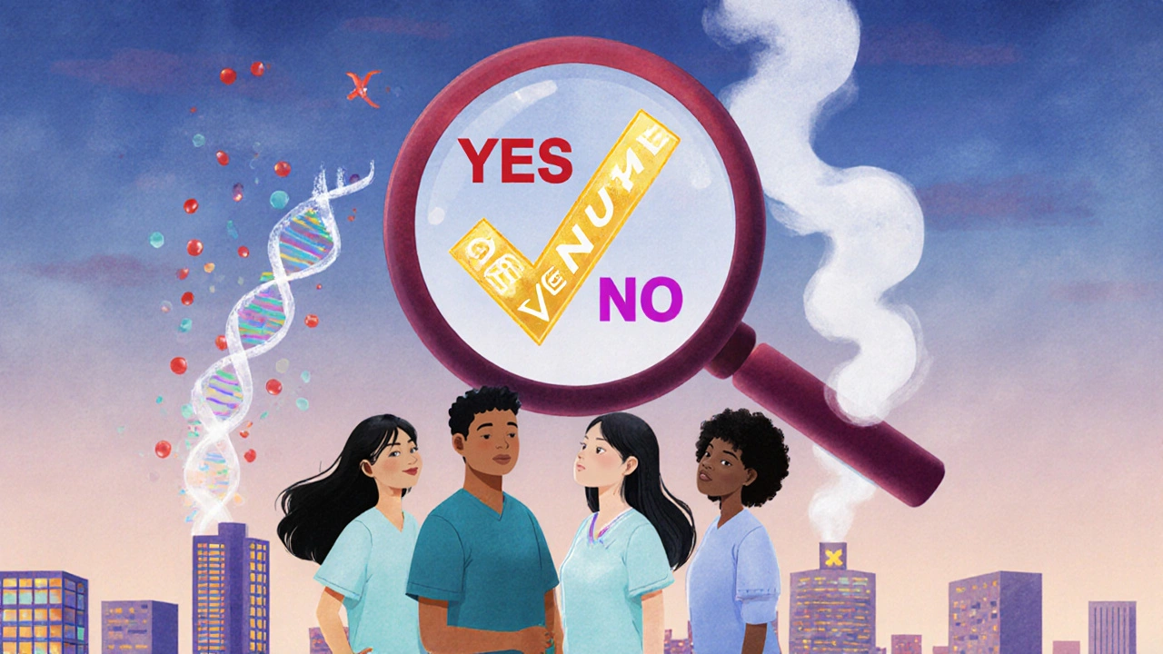 Diverse patients under magnifying glass revealing TPMT and NUDT15 gene variants with checkmark.