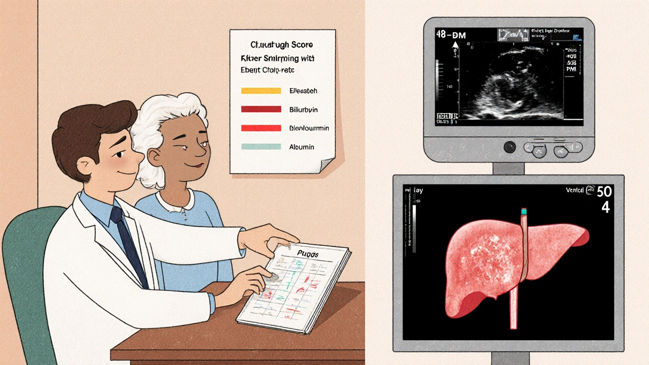 Doctor and patient reviewing liver function chart and heart rate monitor in clinic setting.