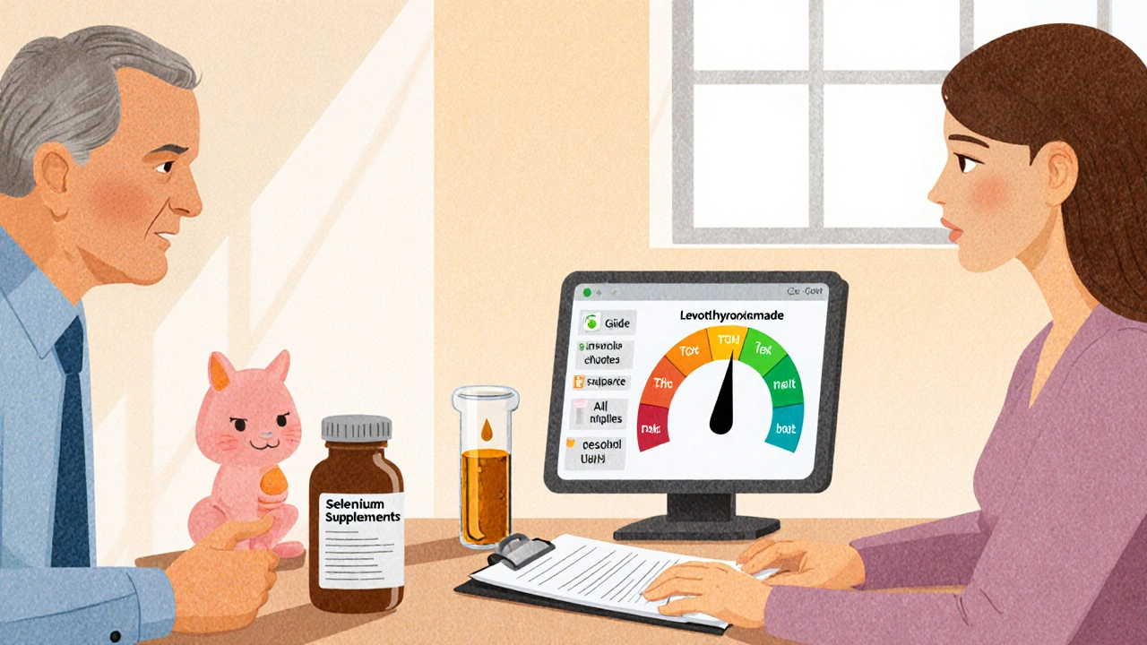 Doctor and patient with levothyroxine, selenium, and a risk‑score display in office.