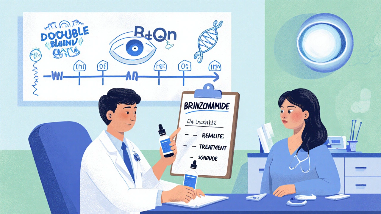 Doctor discussing Brinzolamide treatment with patient, displaying eye drop bottle and trial symbols in cartoon illustration.