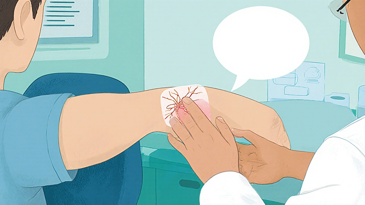 Doctor examining a patient with a hairless skin patch and highlighted thickened nerve.