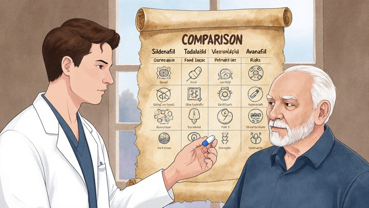 Doctor giving a pill to an older man while a floating medical comparison chart hovers behind.