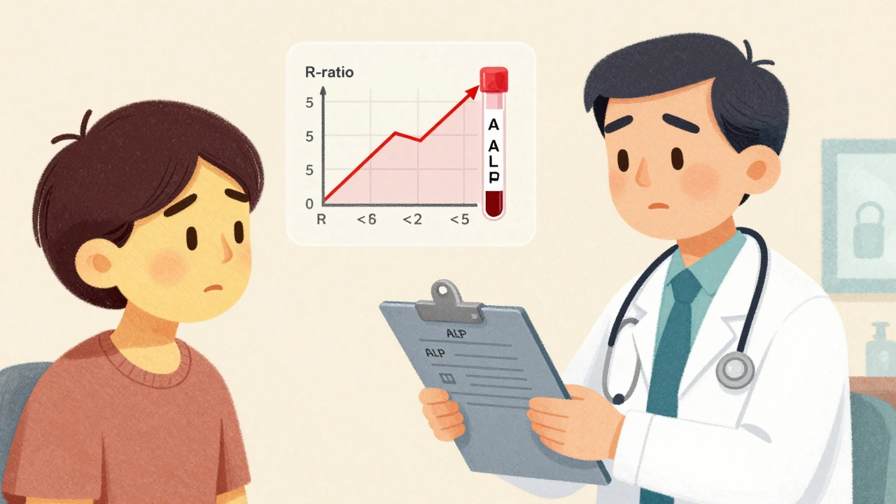 Doctor reviewing blood tests with jaundiced patient and R-ratio visual.
