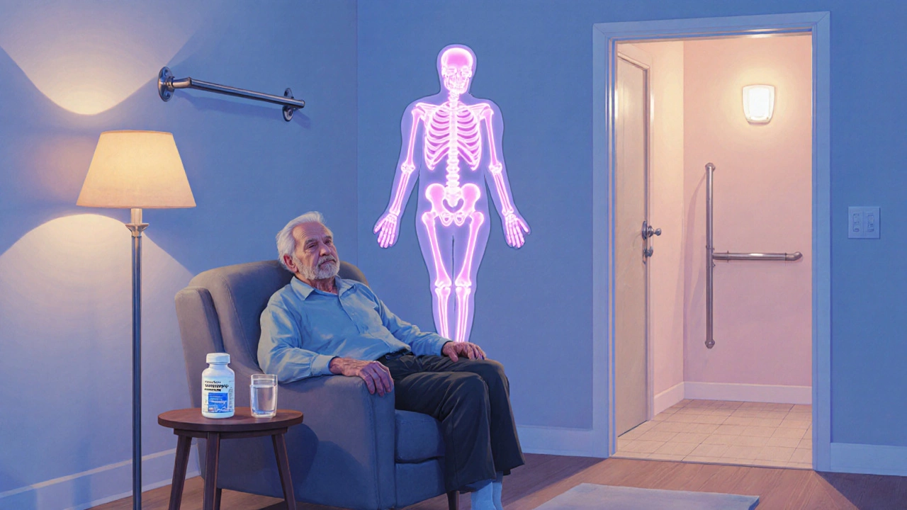 Elderly man at home with medication and safety grab bars.