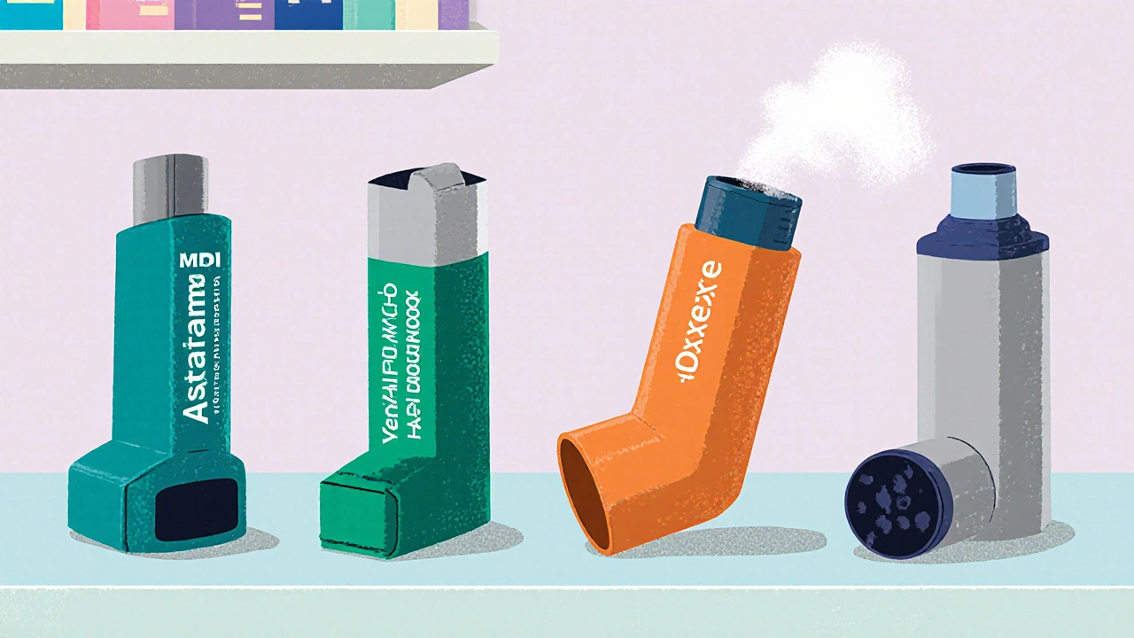 Four different salbutamol inhalers displayed side by side on a pharmacy counter.