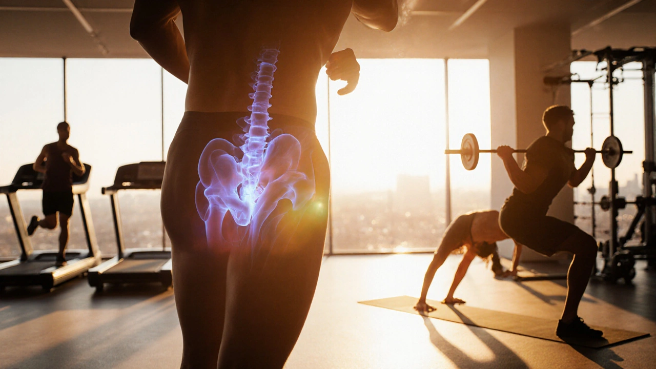 Gym scene showing Kegel contraction, jogging, weightlifting, and yoga affecting pelvic health.