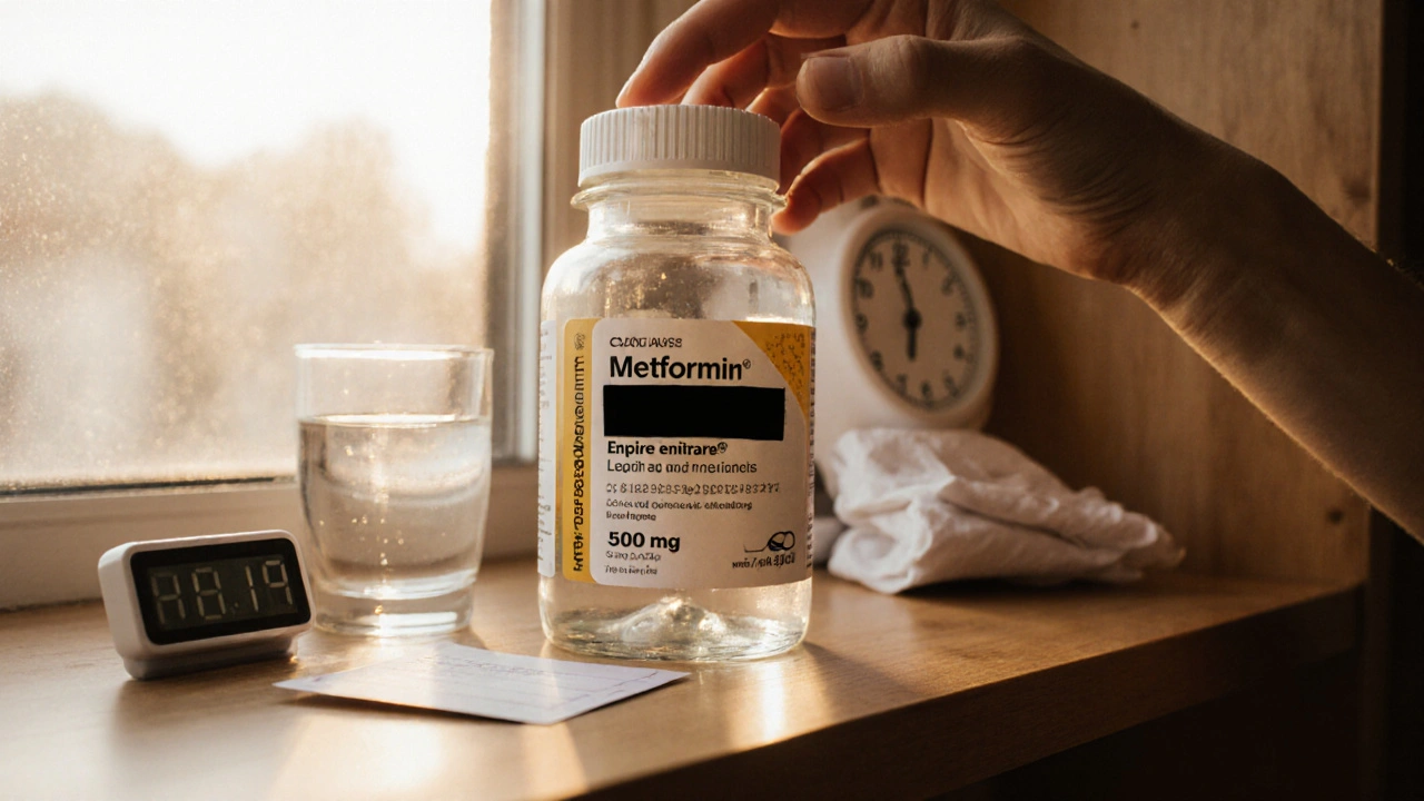 Hands checking a Metformin bottle&#039;s expiration date in a home cabinet.