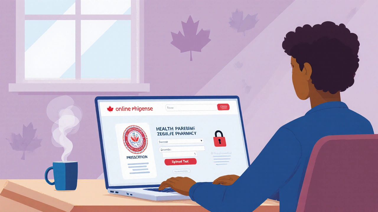 Home office scene of a person checking a Canadian online pharmacy website with security icons.