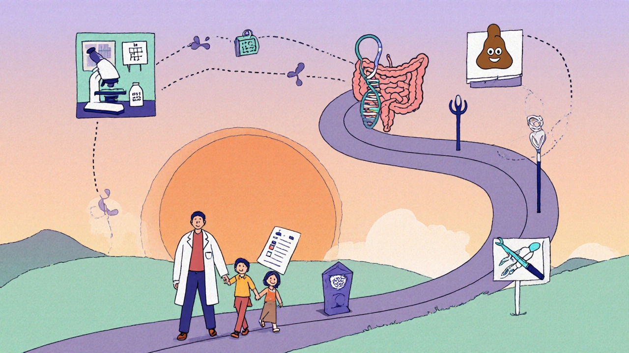 Illustrated roadmap depicts steps of a personalized polyposis surveillance plan.