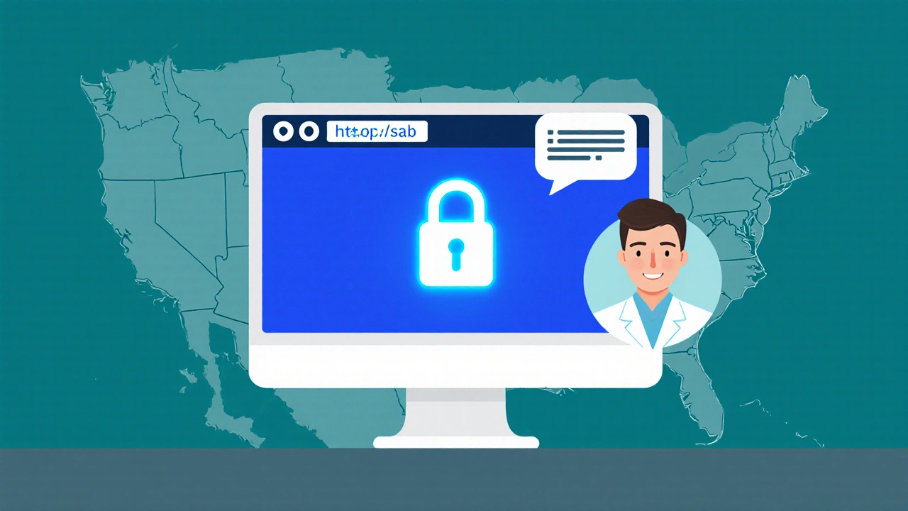 Illustration of a secure pharmacy website with padlock icon and pharmacist chat.