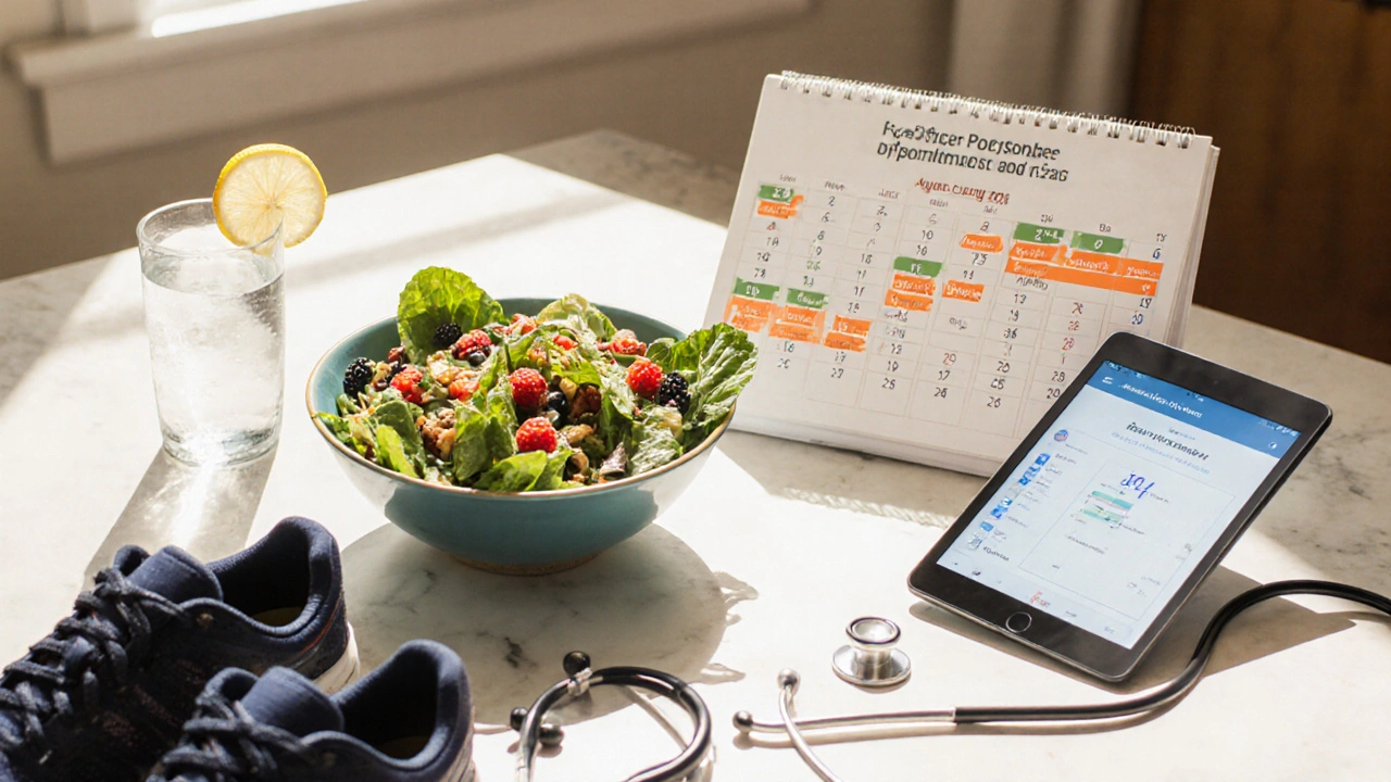 Kitchen scene with fiber‑rich salad, calendar reminder, and health accessories.