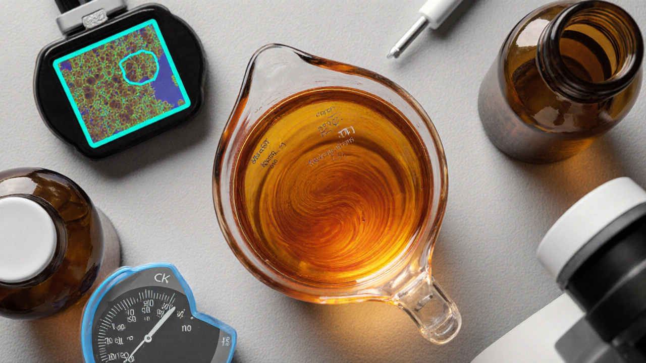 Lab bench with beaker of orange liquid, UV bottles, and cyan‑outlined yeast cells.