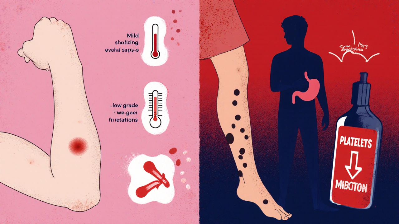 Left: mild bruising and swelling; right: serious clotting warning signs.