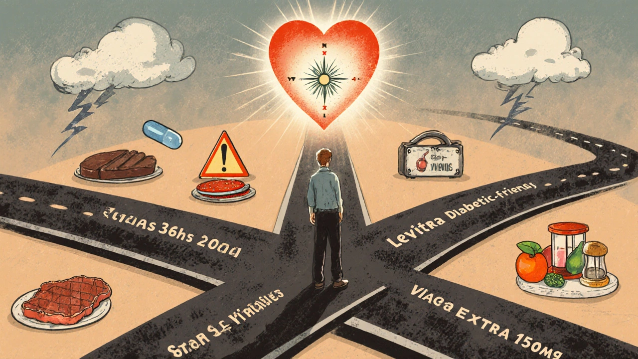 Man at a crossroads choosing ED treatment options with symbolic obstacles on each path.