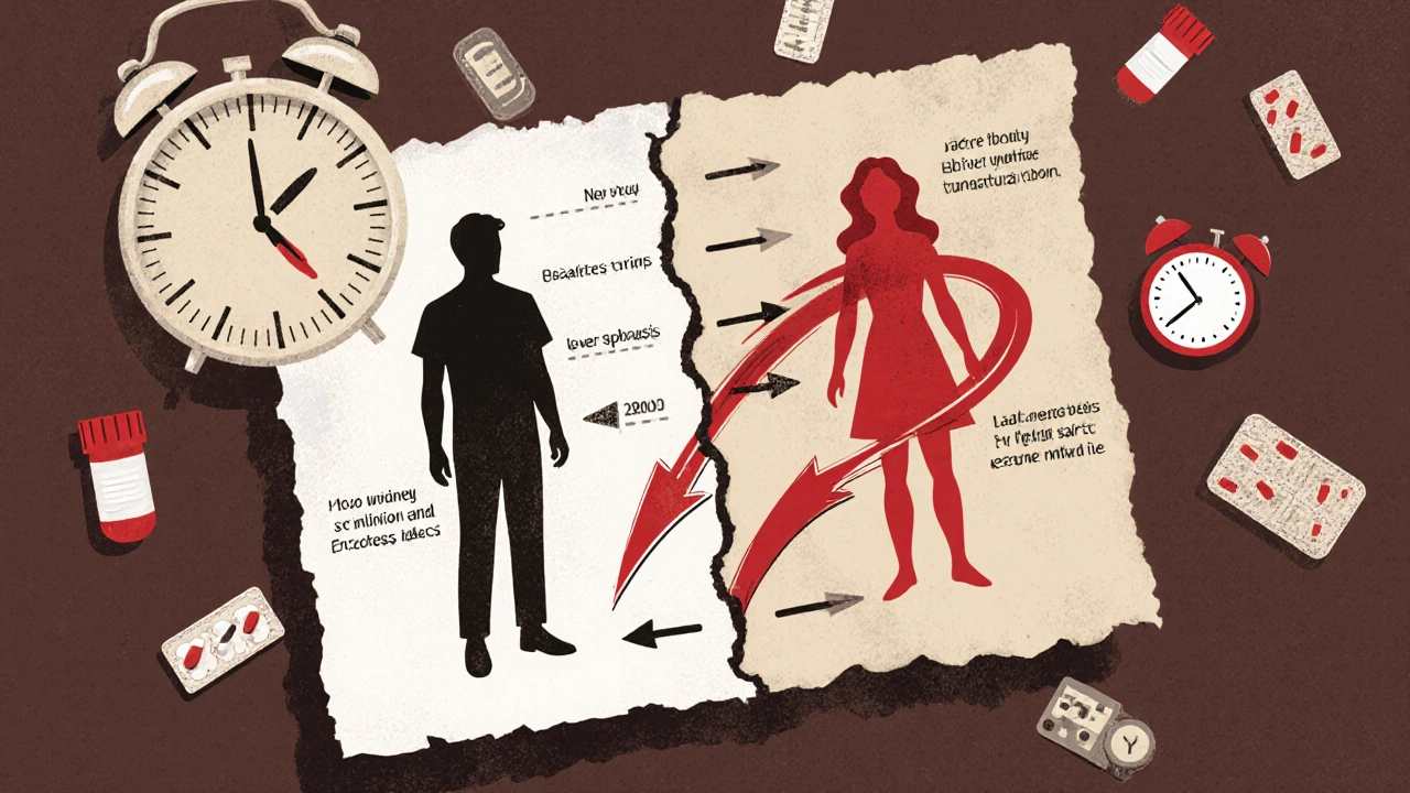 Medical illustration comparing statin metabolism in male and female bodies with drug buildup arrows and aging clock.