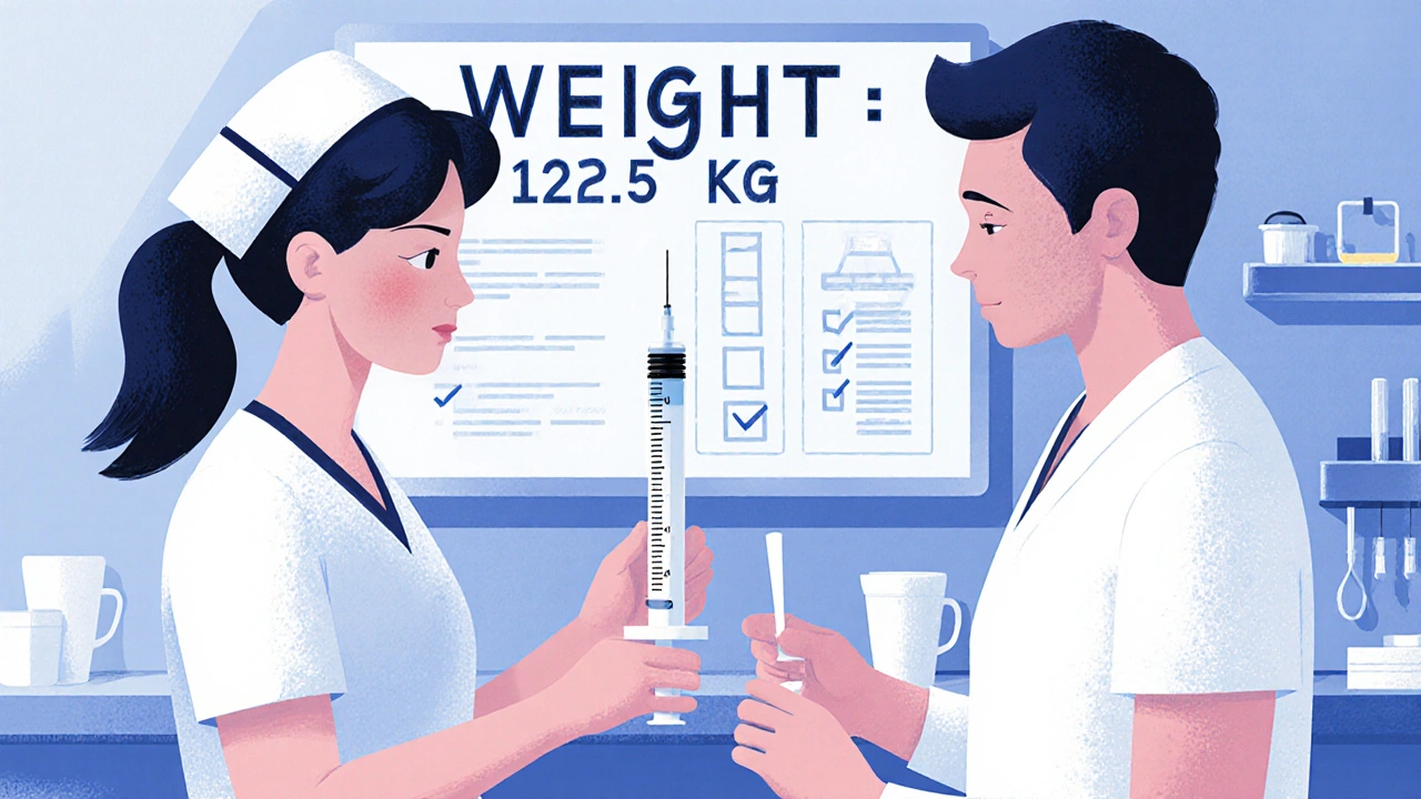 Nurse and pharmacist double-checking a liquid dose with a milliliter syringe in a quiet hospital room