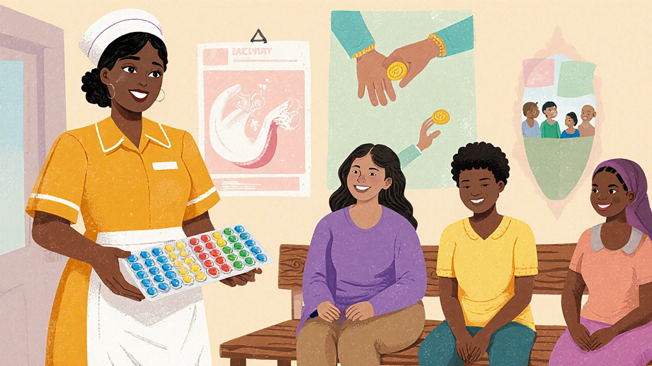 Nurse giving leprosy medication to patients, with hand therapy and community support activities.