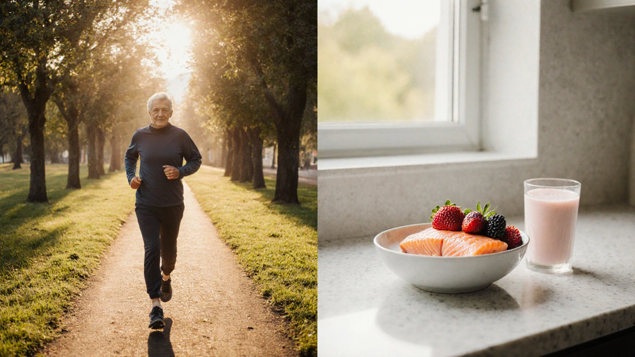 Older adult walking in a park next to a kitchen with salmon and berries.