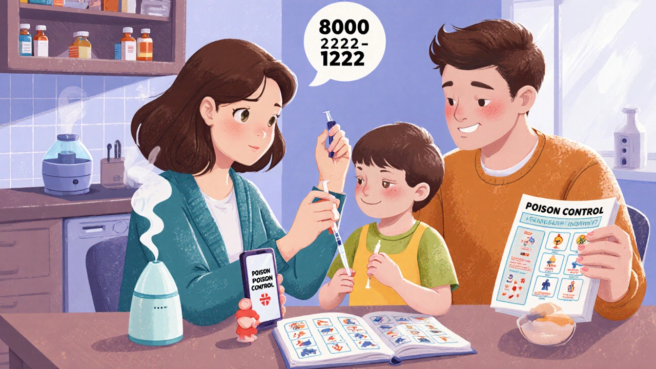 Parent using a dosing syringe to give medicine to child at kitchen table with poison control number visible