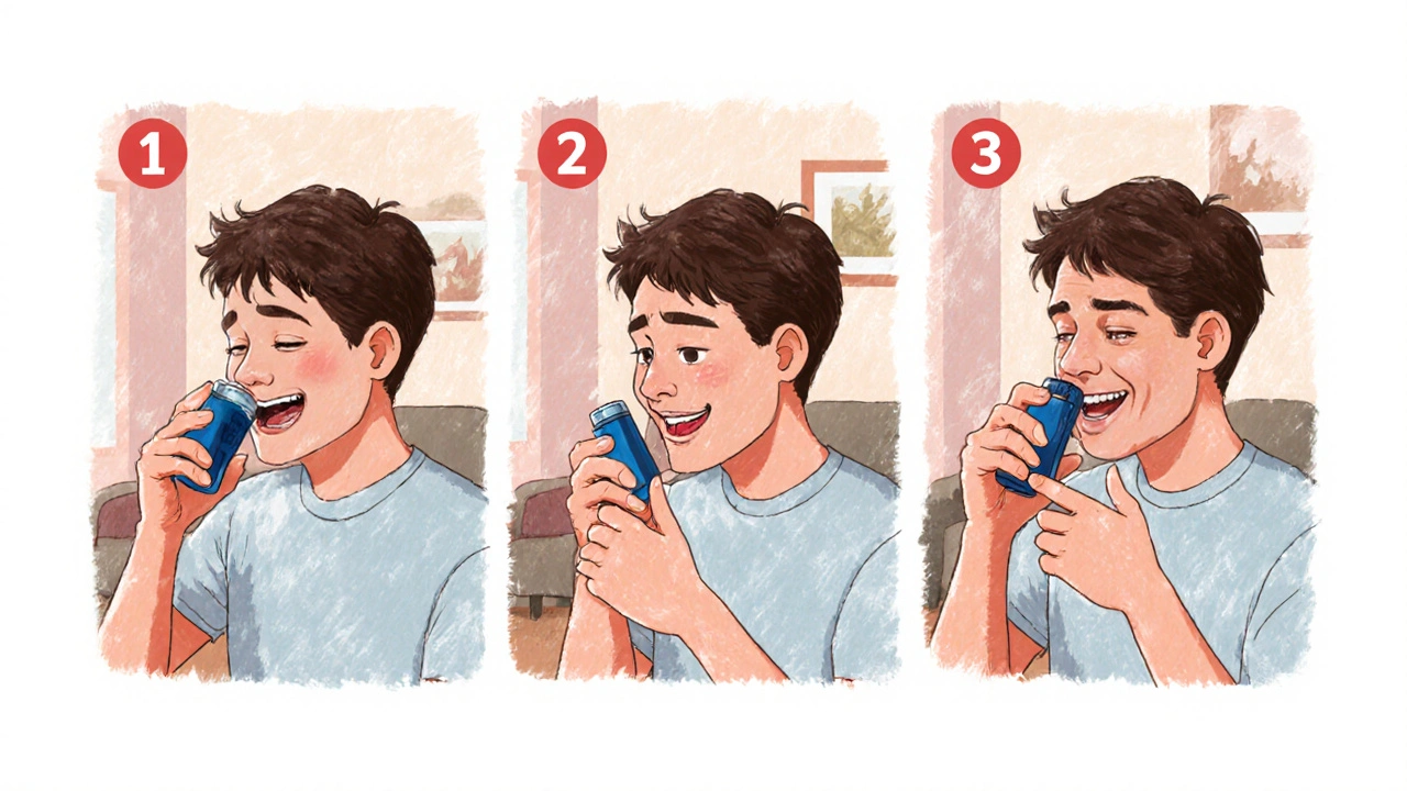 Person demonstrating correct inhaler technique, shaking and inhaling.