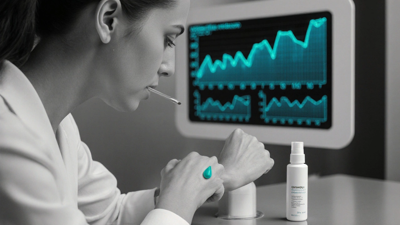 Person patch testing serum with teal droplet and blue research background.