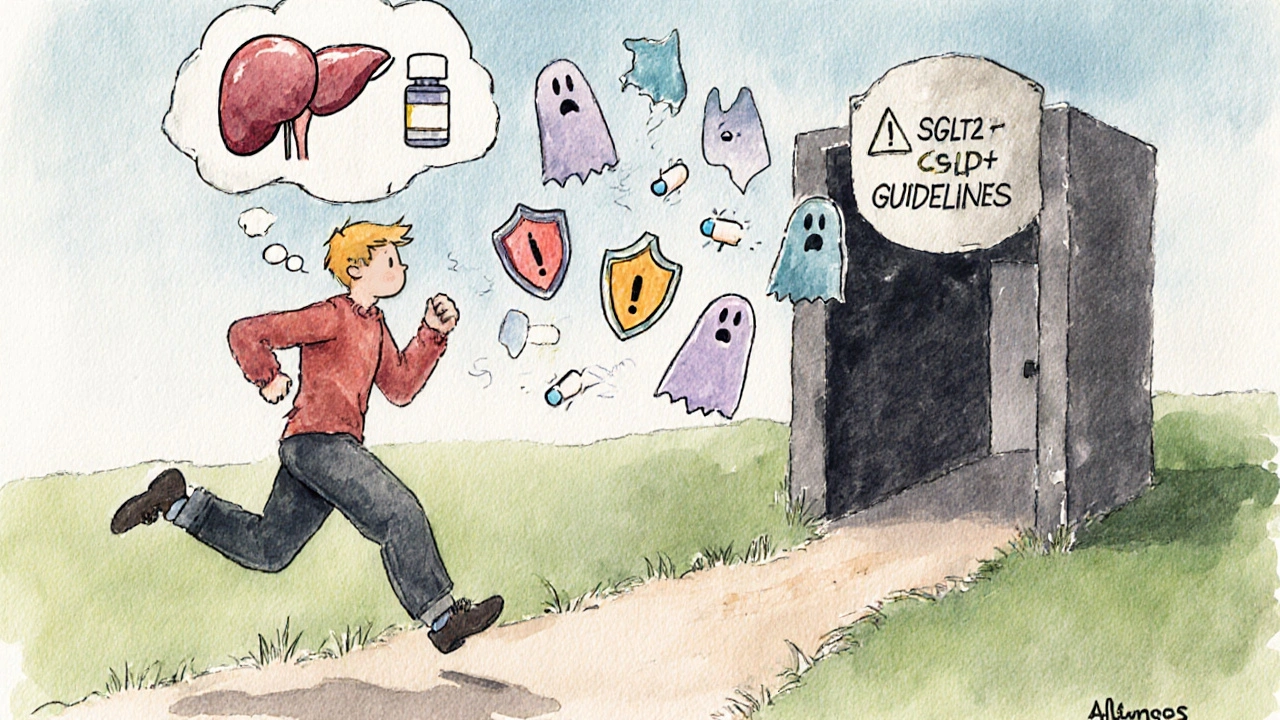 Person running with medical symbols floating away, choosing safer diabetes medications over outdated warnings.