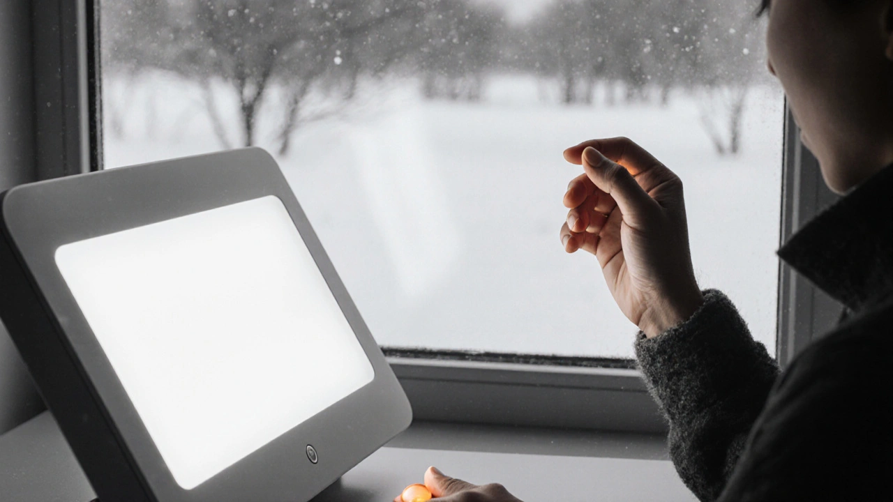 Person using melatonin pill and light therapy box in a winter indoor setting.