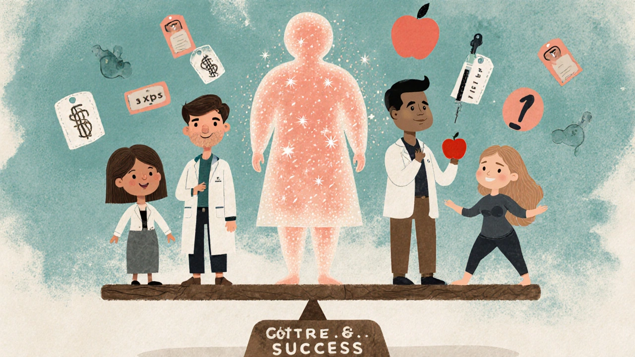 Personified fertility treatments as characters on a cost vs. success scale, with visual symbols for each option.