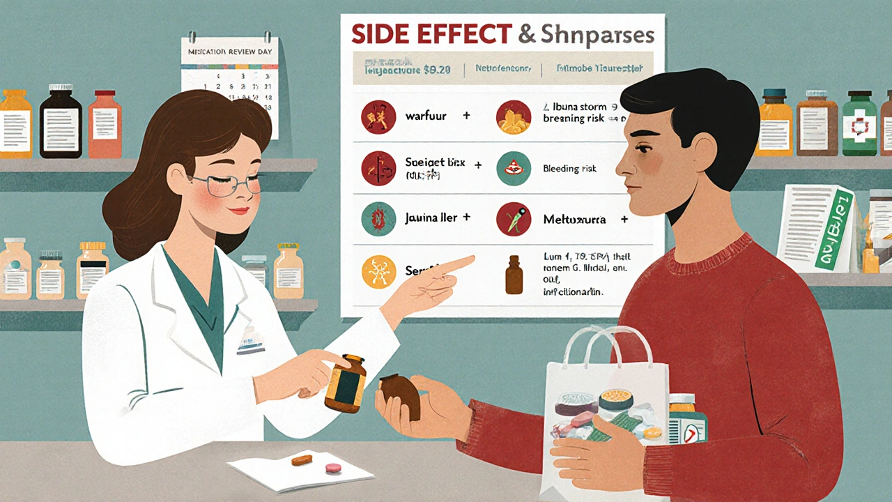 Pharmacist explaining drug interactions using illustrated side effect guide at a pharmacy counter.
